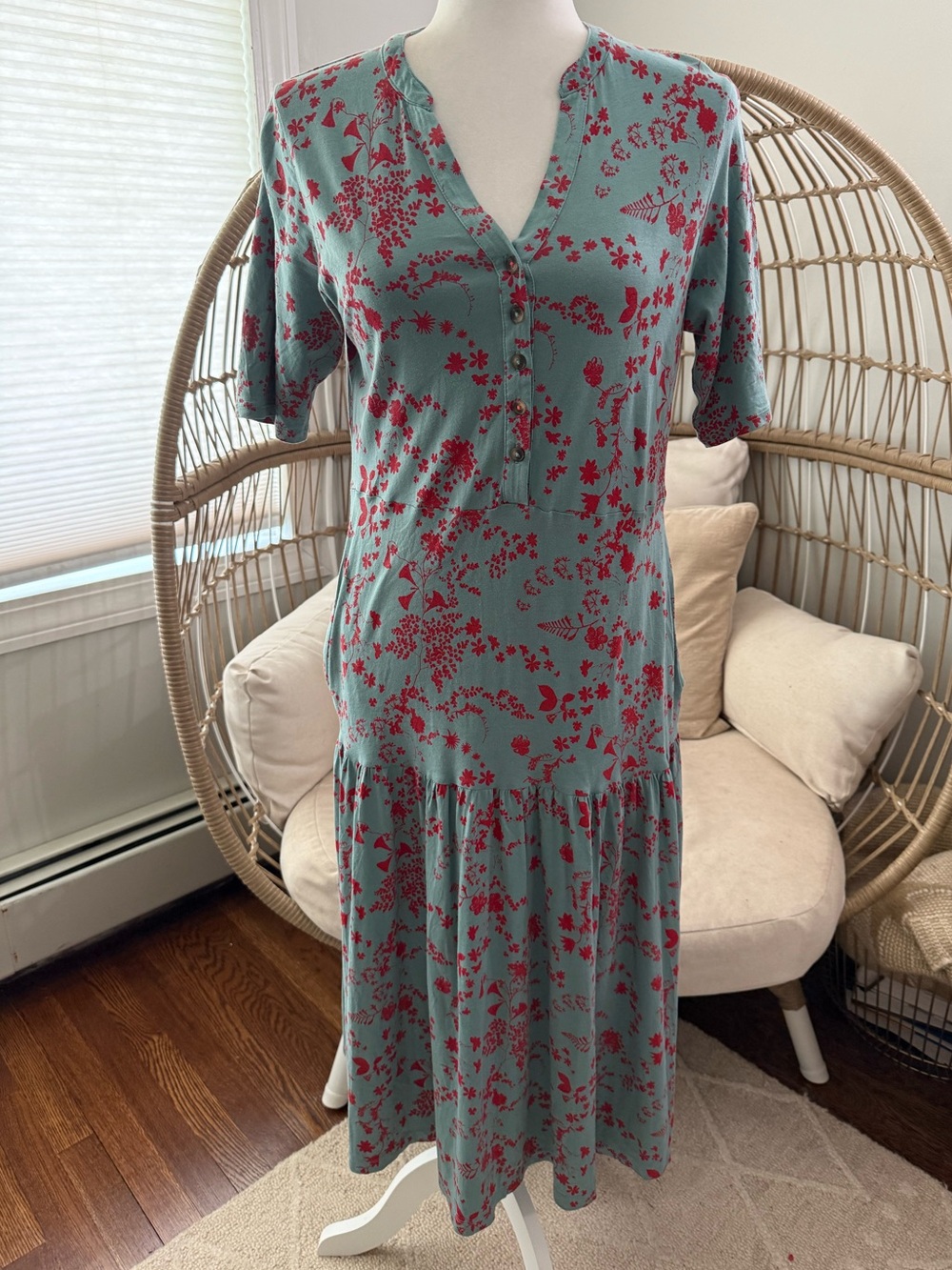 White Stuff Teal Floral Drop Waist Midi Dress UK 10 EU 38